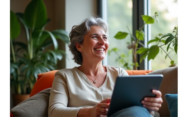 Persona sonriente con auriculares y una tablet, rodeada de plantas, indicando bienestar digital